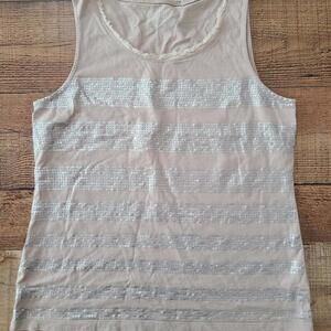 Chicos Tank Top Size 1 Beige Tan Sequin Striped Fringe Hem Dressy